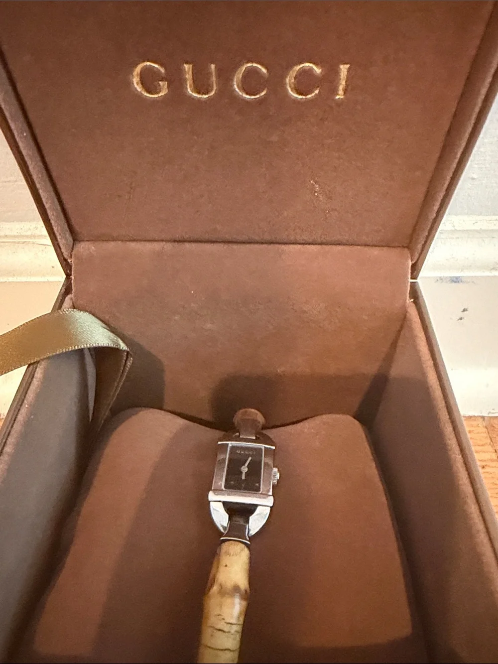 Gucci Silver-Tone Case Watch with Brown Bamboo-Style Strap